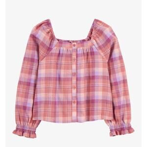OshKosh B'gosh Girls Pink Plaid Linen Square Neck Long Sleeve Top Girls Size 7